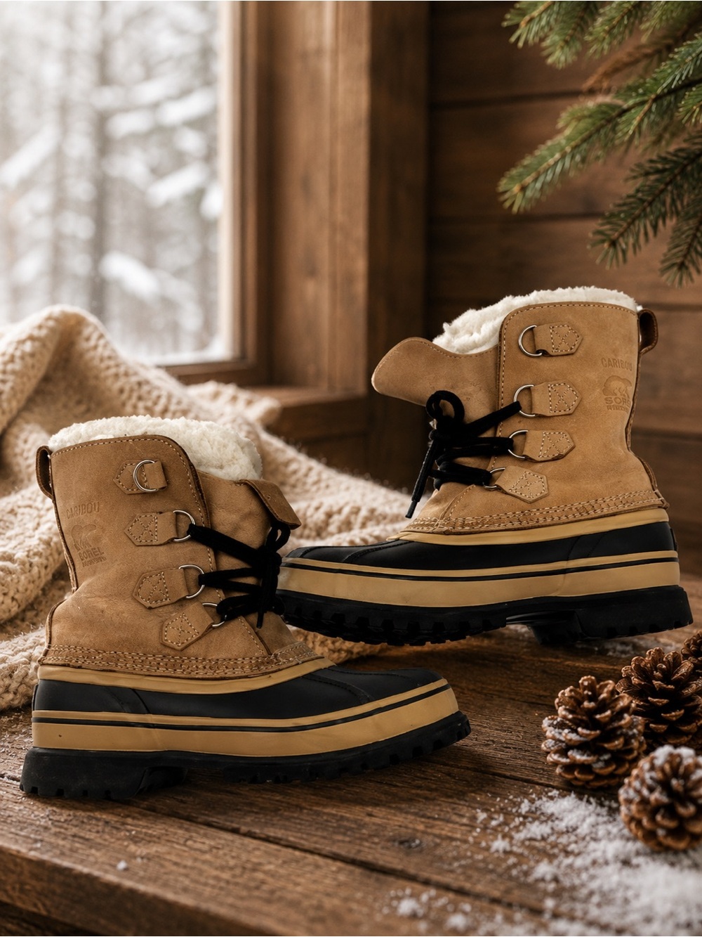 Sorel Tan and Black Caribou Winter Boots